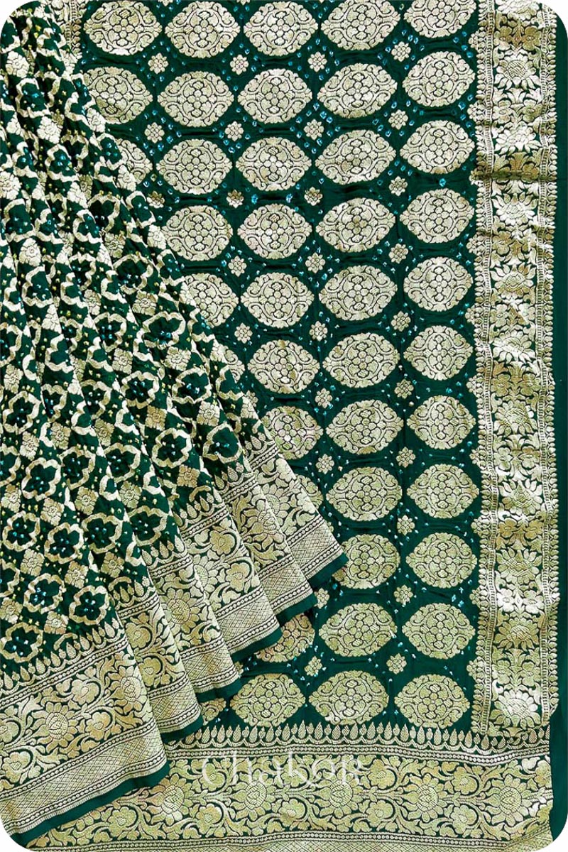 Chakor's green banarasi silk bandhani saree with zari weaving