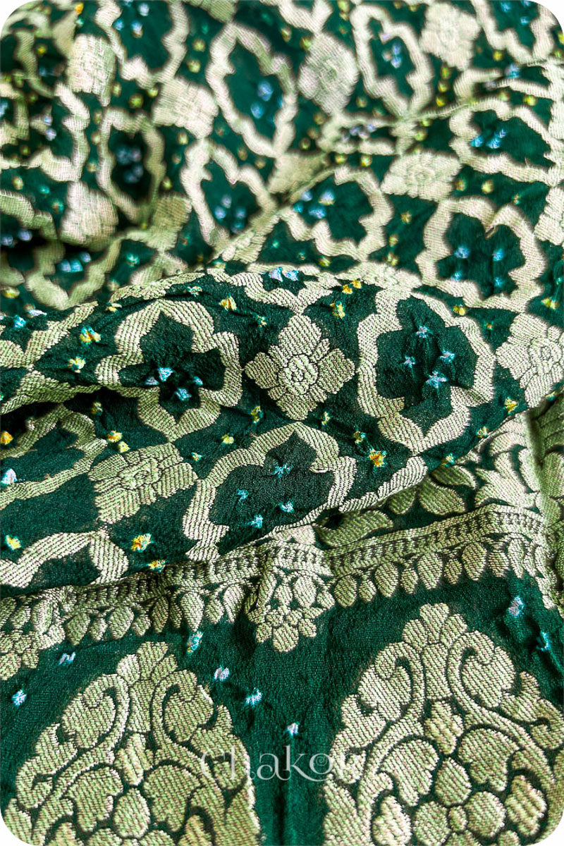 Closeup of Chakor's green banarasi silk bandhej saree 