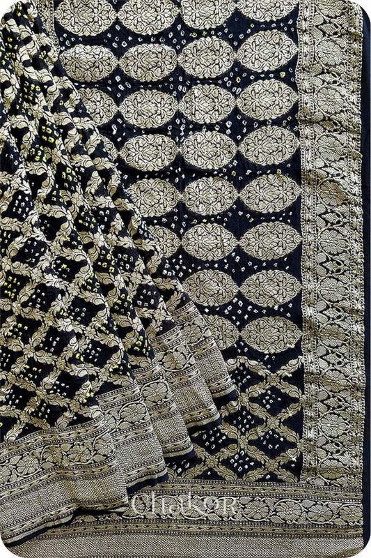 Chakor's traditional black banarasi silk bandhej handloom saree - pallu with pleats