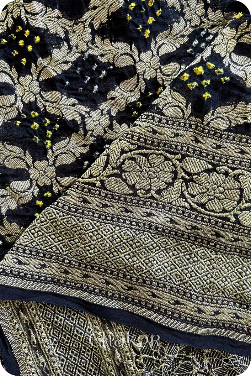 Chakor's traditional black banarasi silk bandhej handloom saree - border closeup