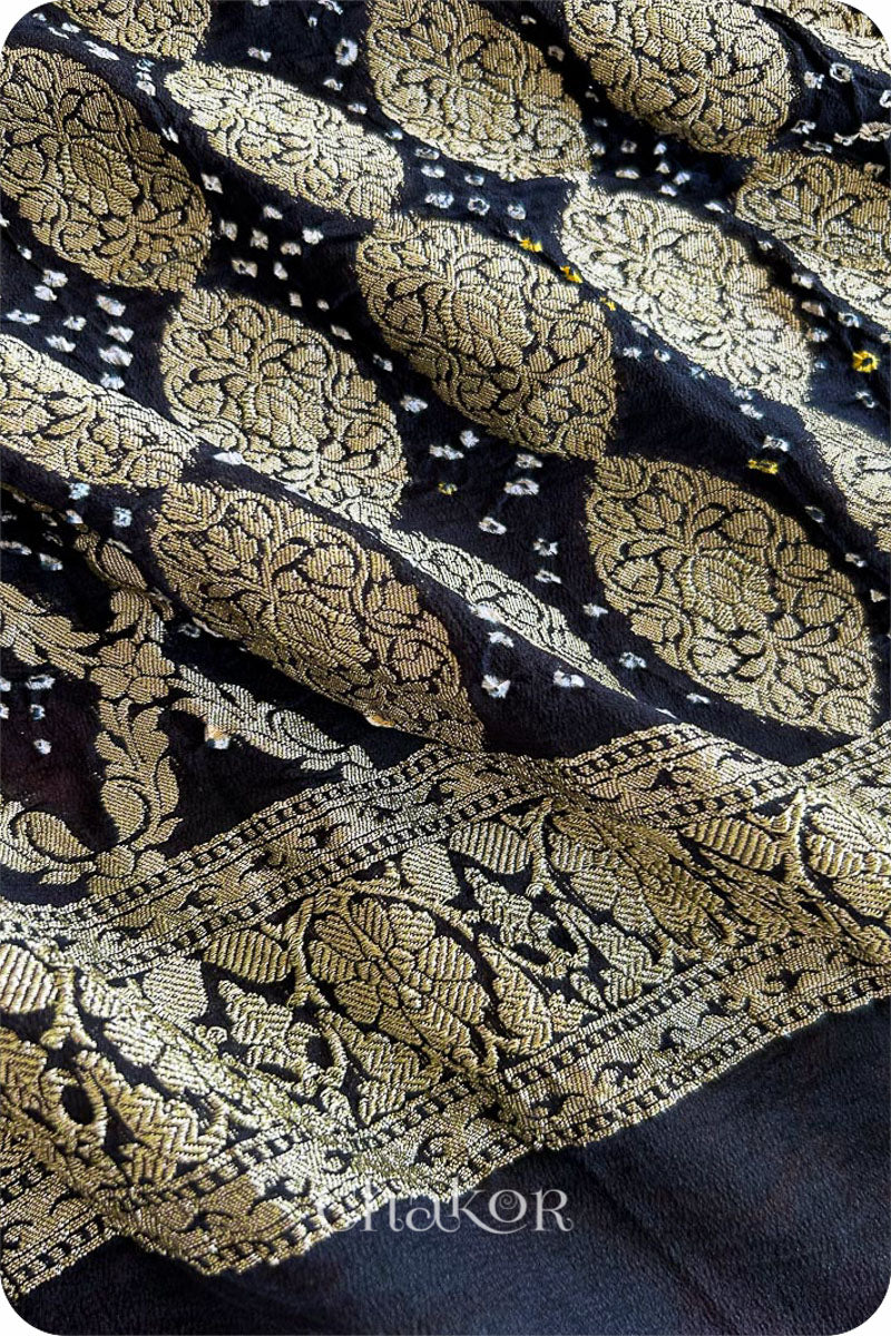 Chakor's traditional black banarasi silk bandhej handloom saree - pallu closeup