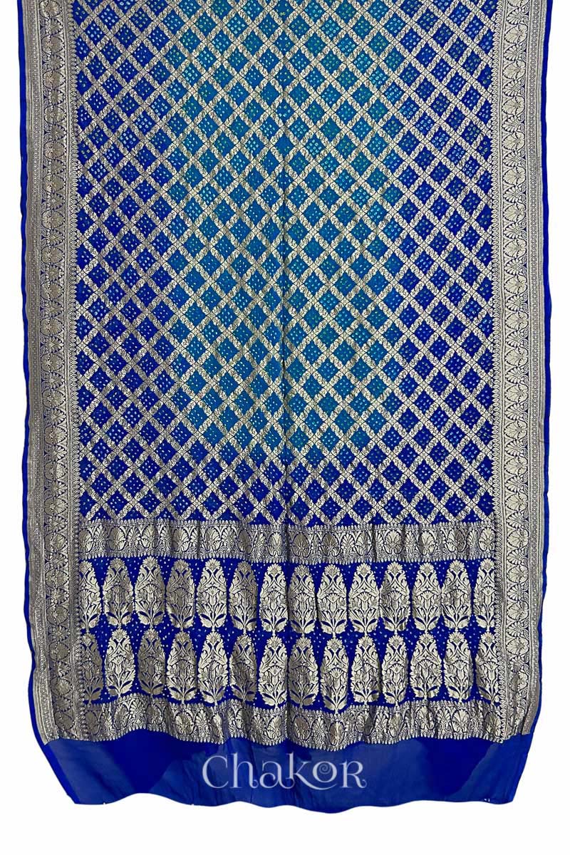 Chakor's traditional Peacock & Blue banarasi silk bandhej handloom saree 