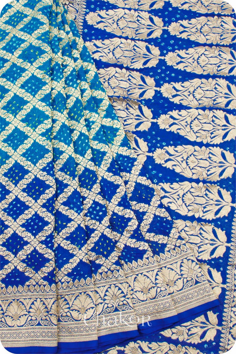 Chakor's traditional Peacock & Blue banarasi silk bandhej handloom saree 