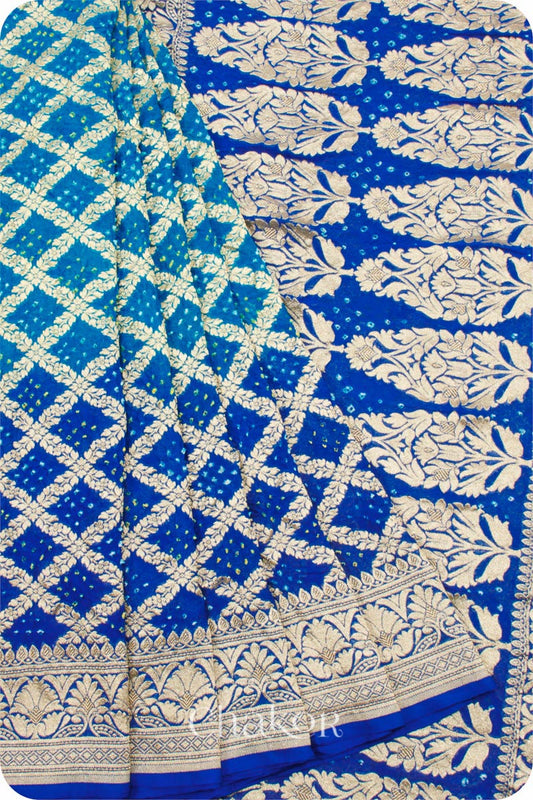 Chakor's traditional Peacock & Blue banarasi silk bandhej handloom saree 