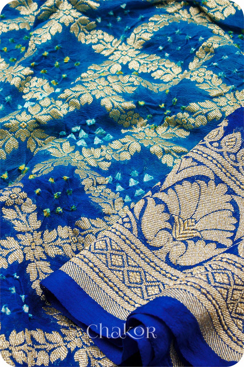 Chakor's traditional Peacock & Blue banarasi silk bandhej handloom saree 