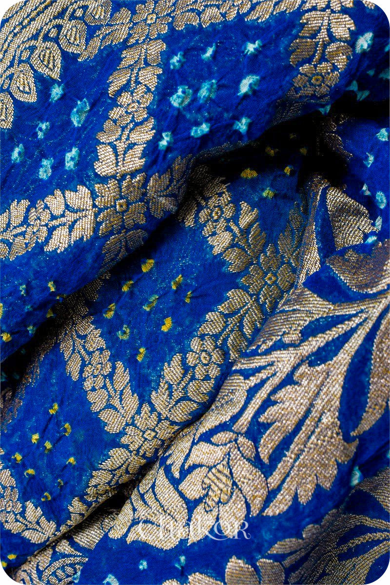 Chakor's traditional Peacock & Blue banarasi silk bandhej handloom saree - closeup