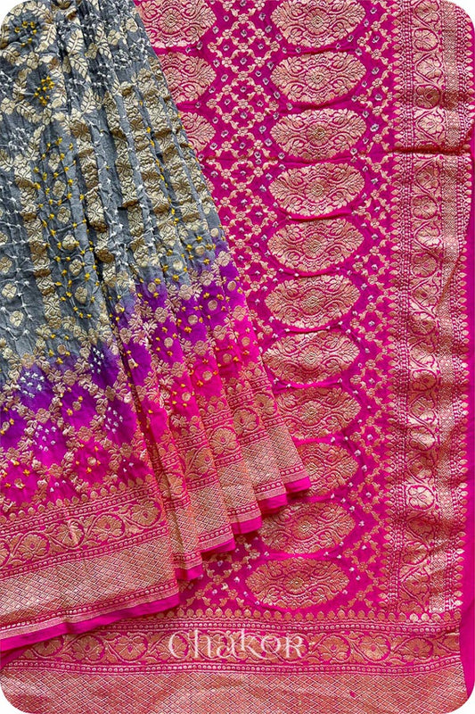 Chakor's traditional Grey Pink banarasi silk bandhej handloom saree