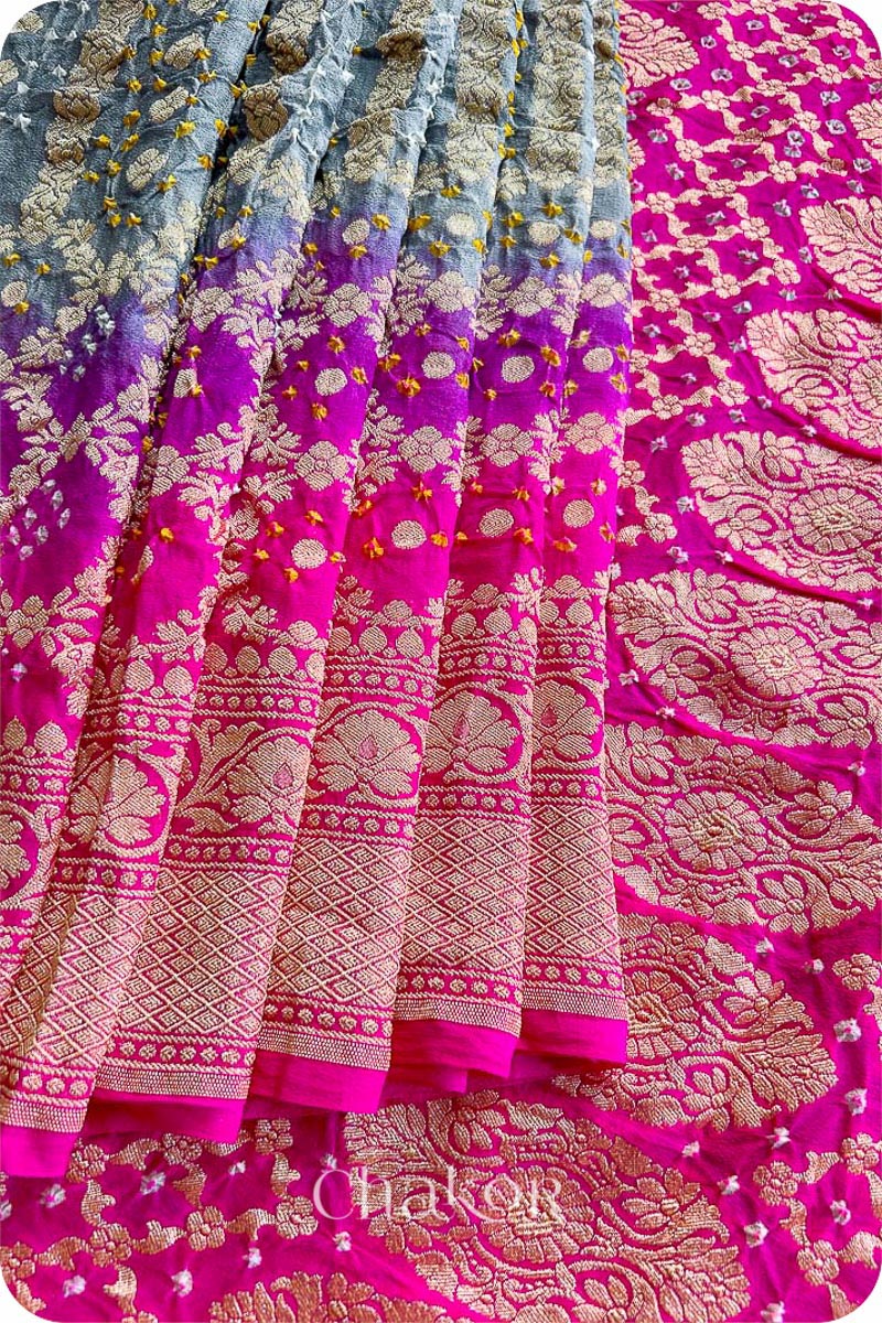 Chakor's traditional Grey Pink banarasi silk bandhej handloom saree