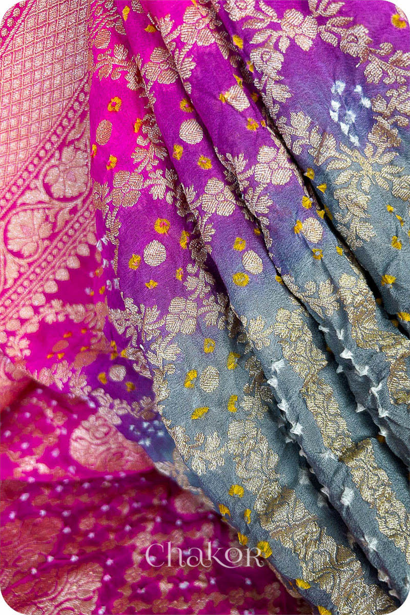 Chakor's traditional Grey Pink banarasi silk bandhej handloom saree - closeup