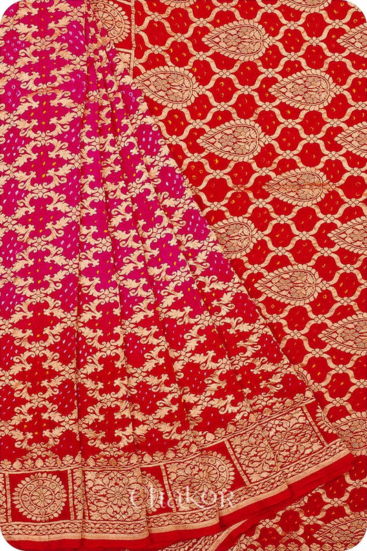 Chakor's traditional Pink Red Ombre banarasi silk bandhej handloom saree 
