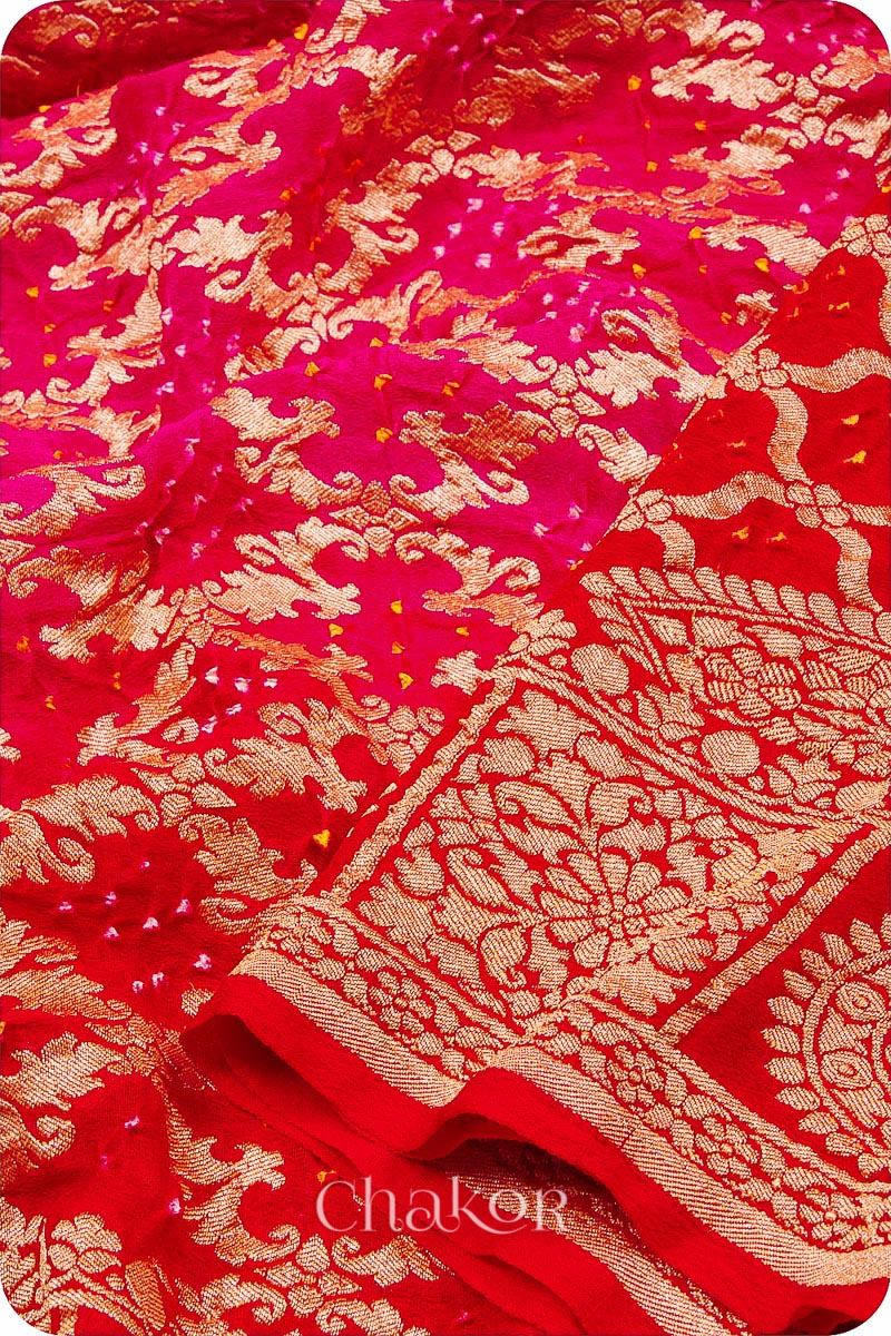 Chakor's traditional Pink Red Ombre banarasi silk bandhej handloom saree - closeup