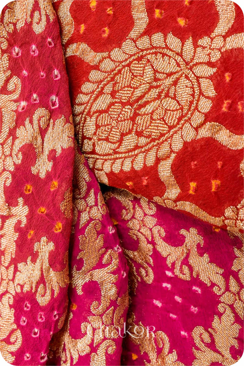 Chakor's traditional Pink Red Ombre banarasi silk bandhej handloom saree - closeup