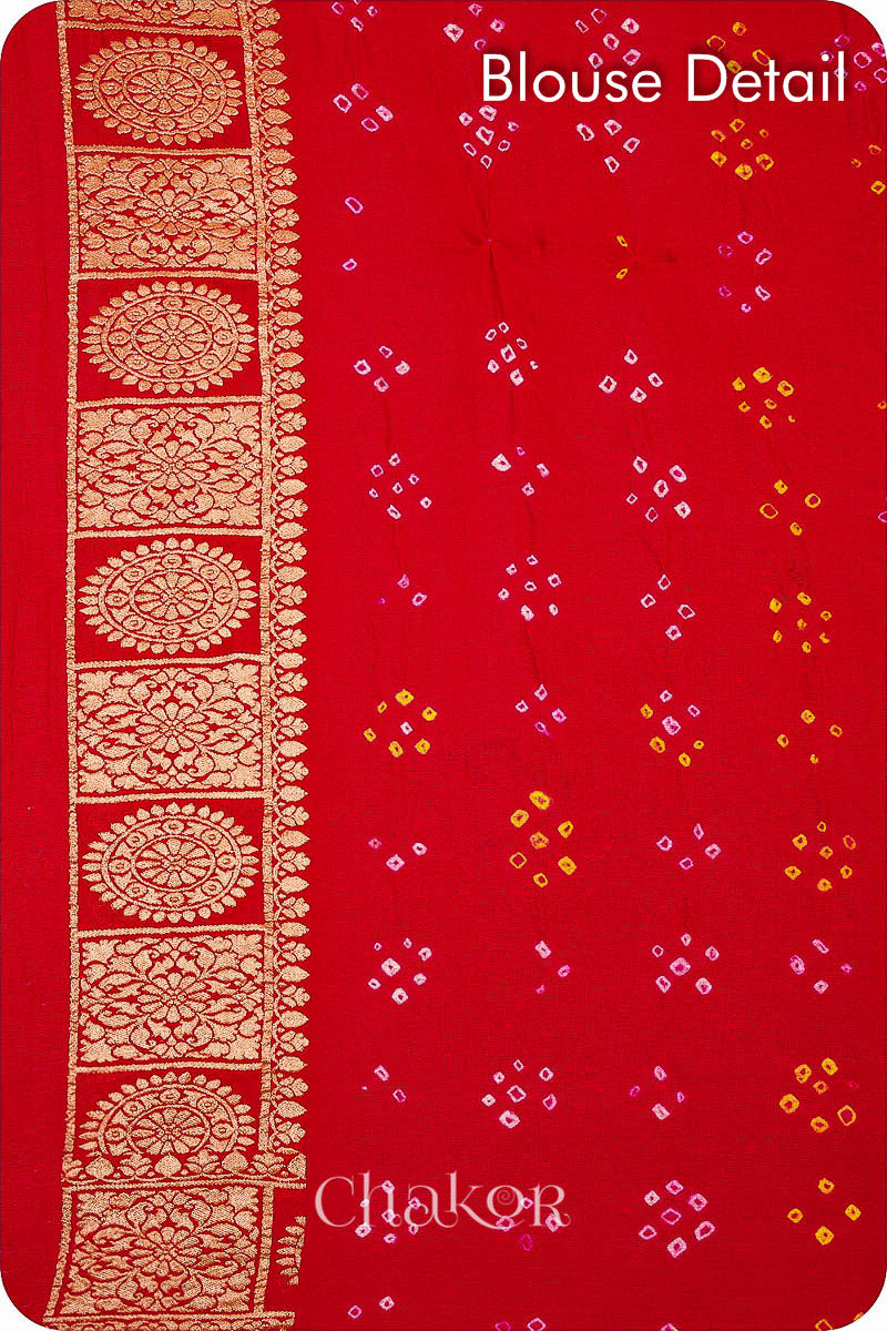 Chakor's traditional Pink Red Ombre banarasi silk bandhej handloom saree -blouse detail