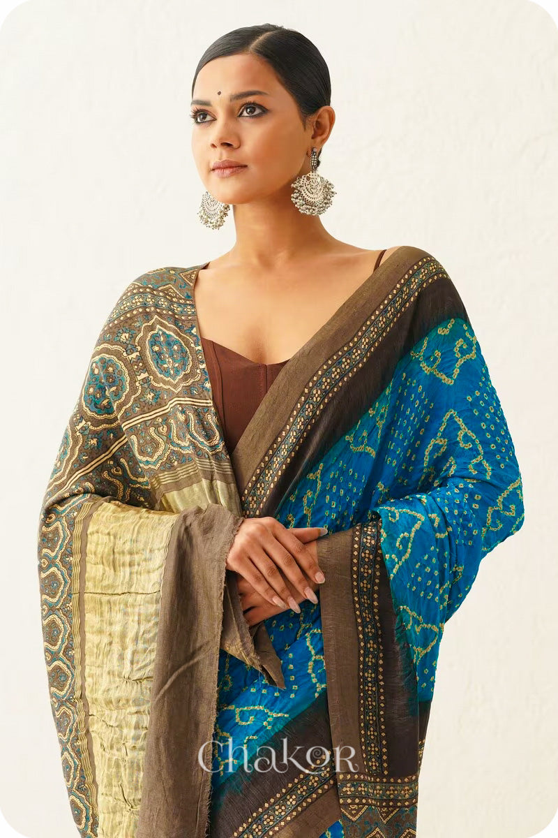 Peacock  Blue Taupe Bandhani Ajrakh Silk Saree