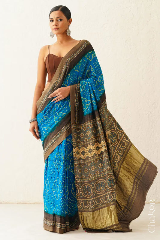 Peacock  Blue Taupe Bandhani Ajrakh Silk Saree