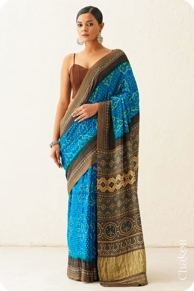 Peacock  Blue Taupe Bandhani Ajrakh Silk Saree