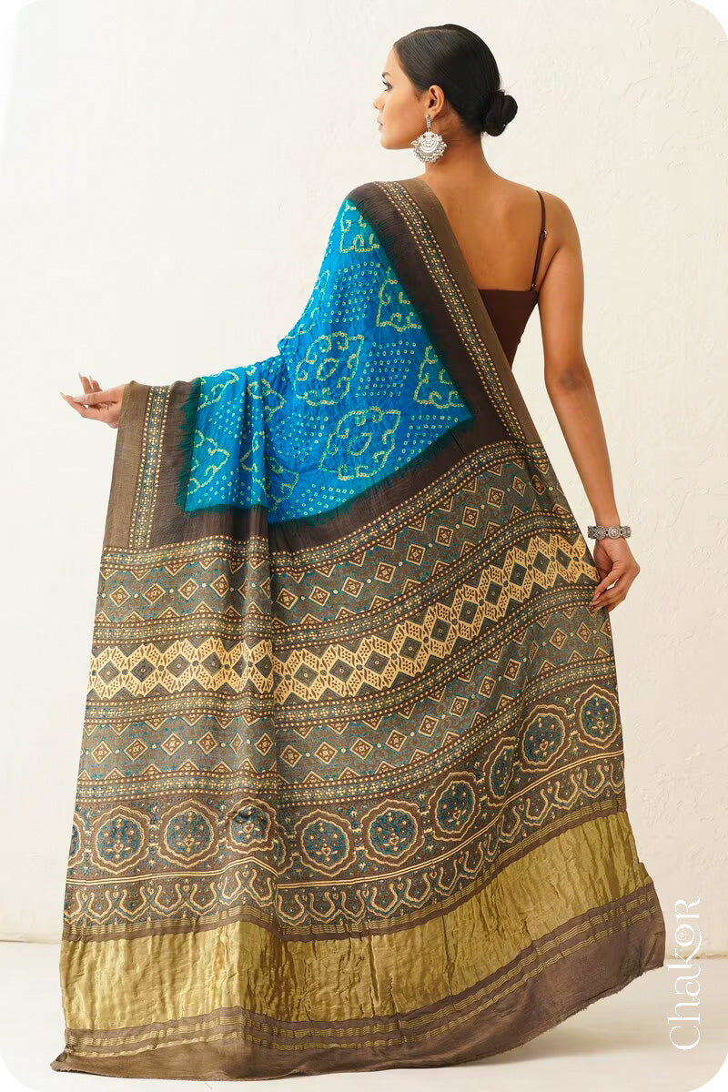 Peacock  Blue Taupe Bandhani Ajrakh Silk Saree