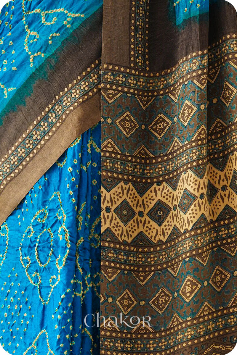 Peacock  Blue Taupe Bandhani Ajrakh Silk Saree