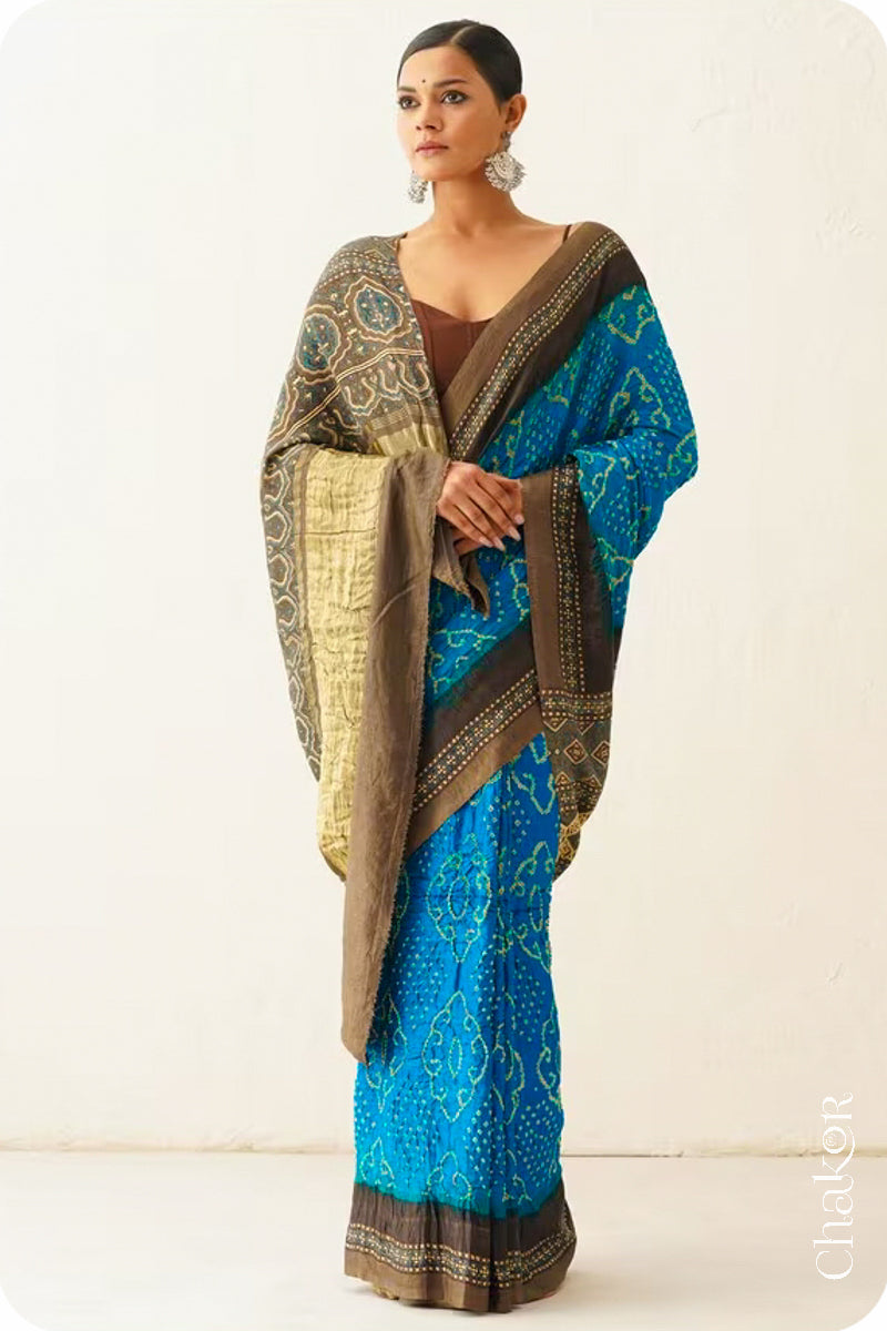 Peacock  Blue Taupe Bandhani Ajrakh Silk Saree