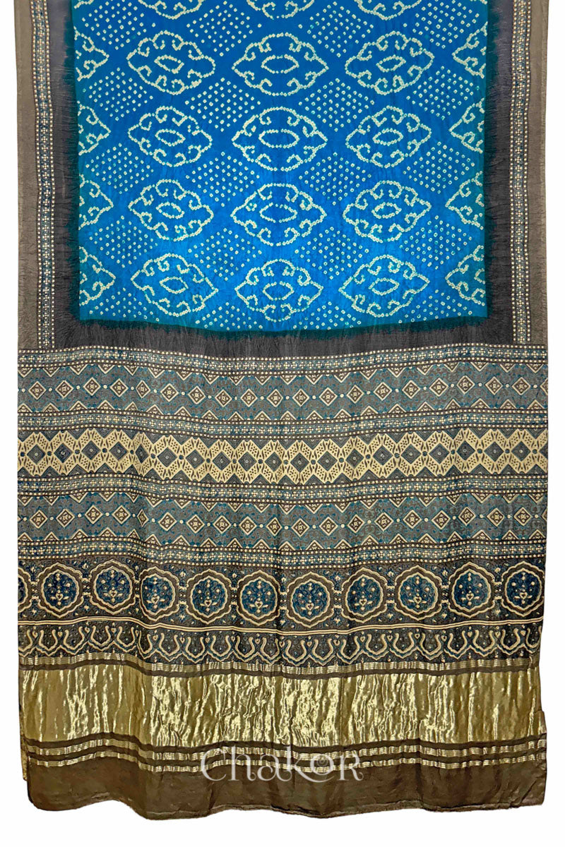 Peacock  Blue Taupe Bandhani Ajrakh Silk Saree