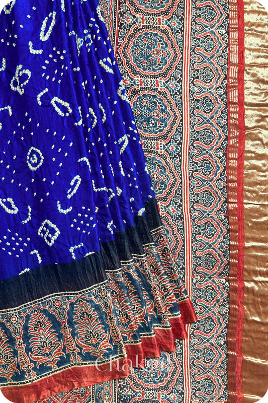 Blue Red Bandhani Ajrakh Silk Saree