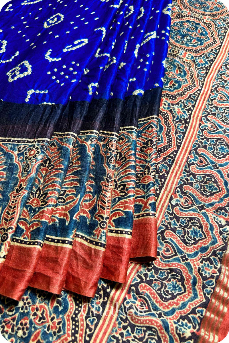 Blue Red Bandhani Ajrakh Silk Saree