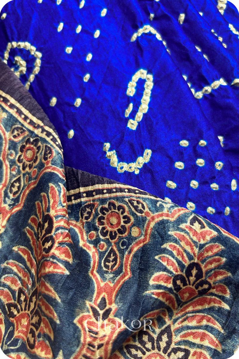 Blue Red Bandhani Ajrakh Silk Saree