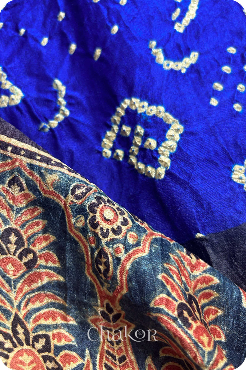 Blue Red Bandhani Ajrakh Silk Saree