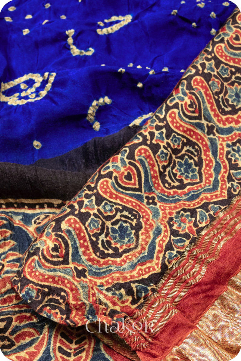 Blue Red Bandhani Ajrakh Silk Saree