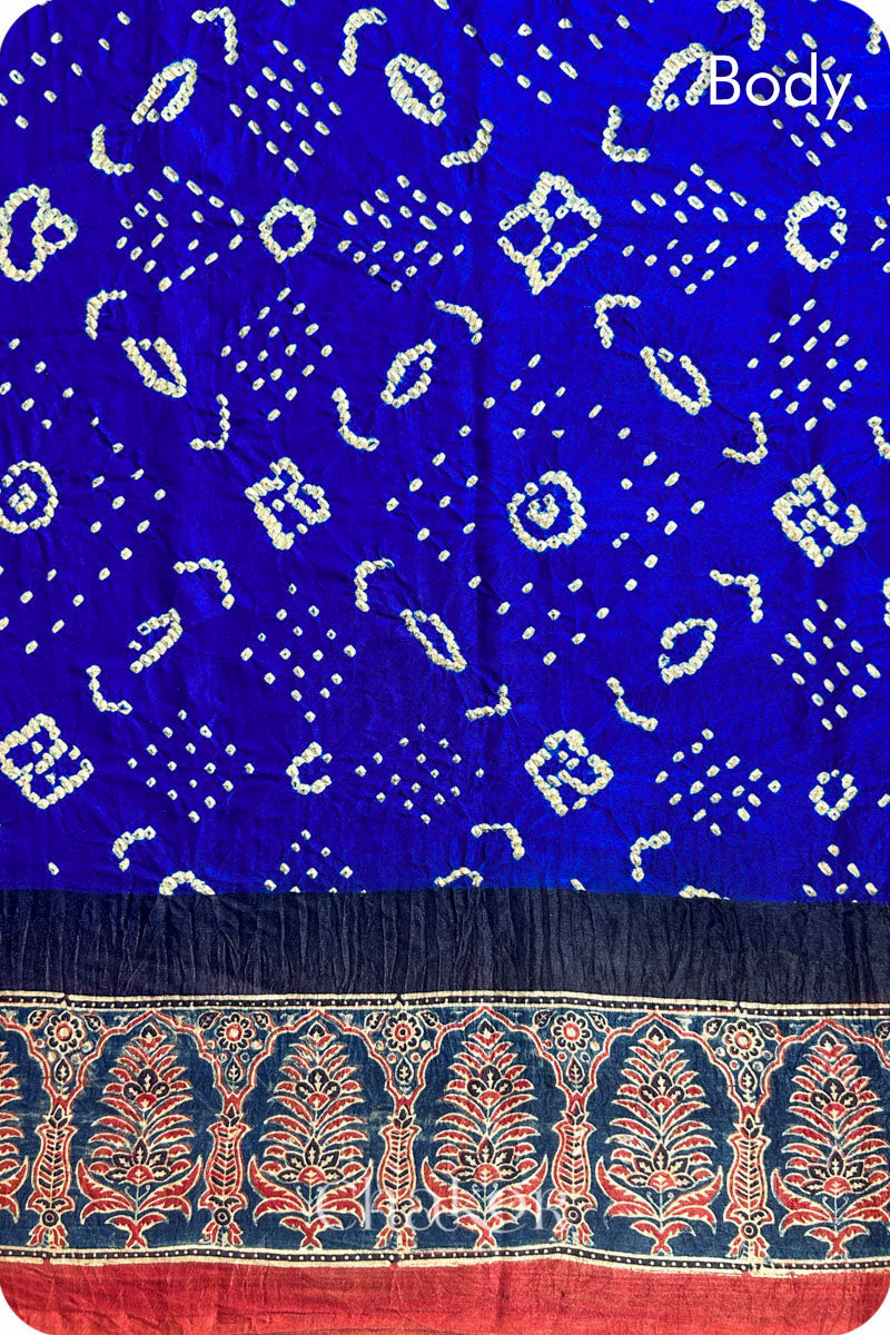 Blue Red Bandhani Ajrakh Silk Saree