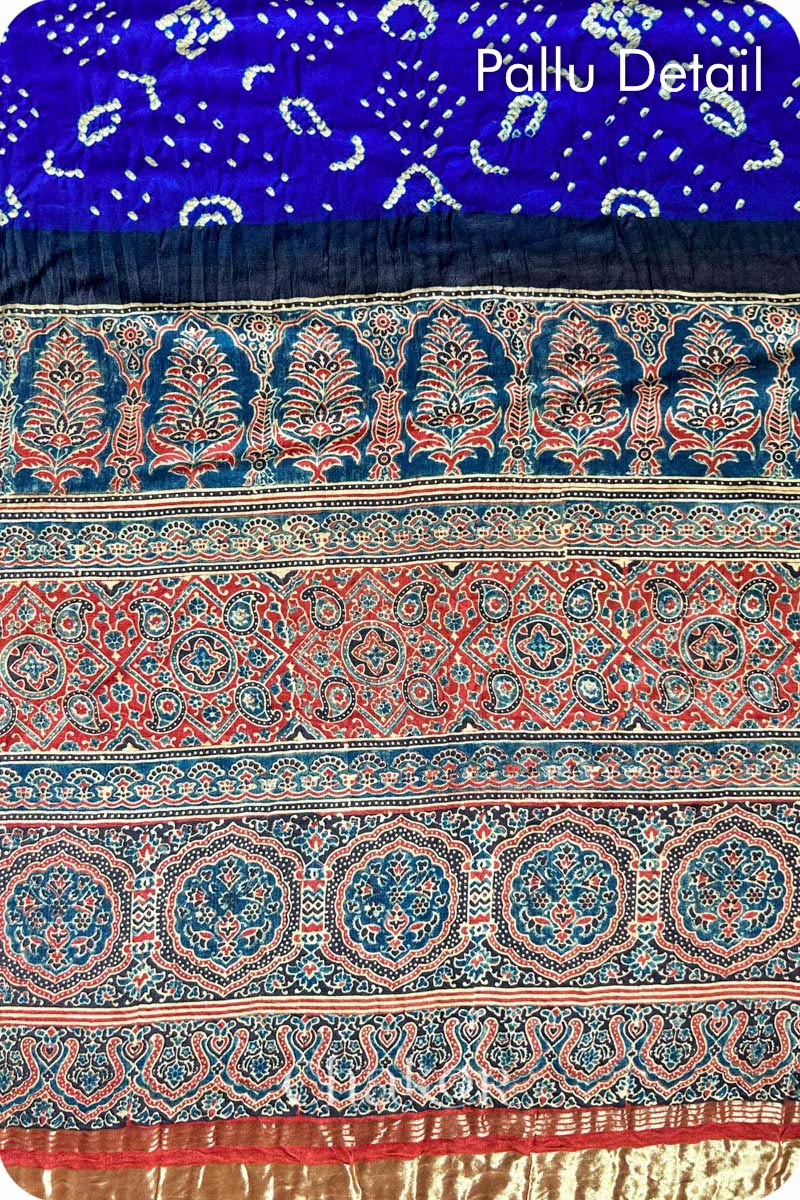 Blue Red Bandhani Ajrakh Silk Saree