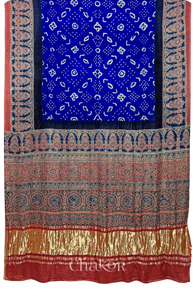 Blue Red Bandhani Ajrakh Silk Saree