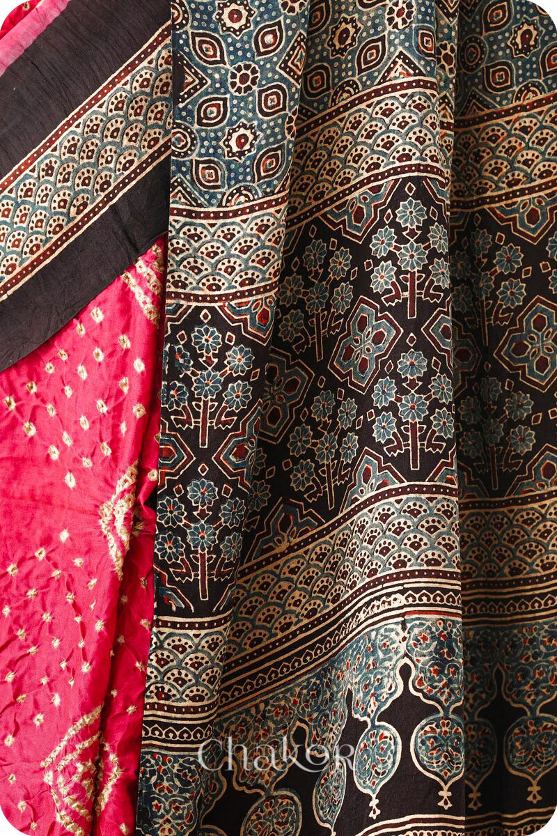 Coral Pink Black Bandhani Ajrakh Silk Saree