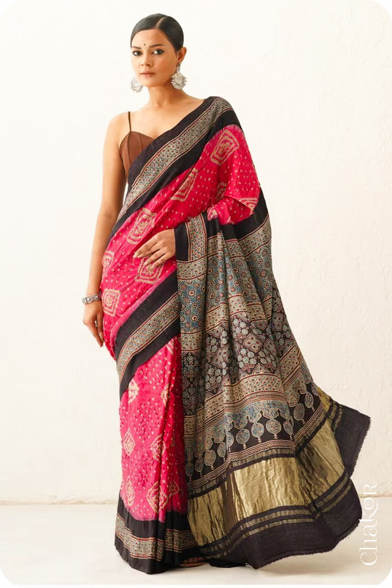 Coral Pink Black Bandhani Ajrakh Silk Saree