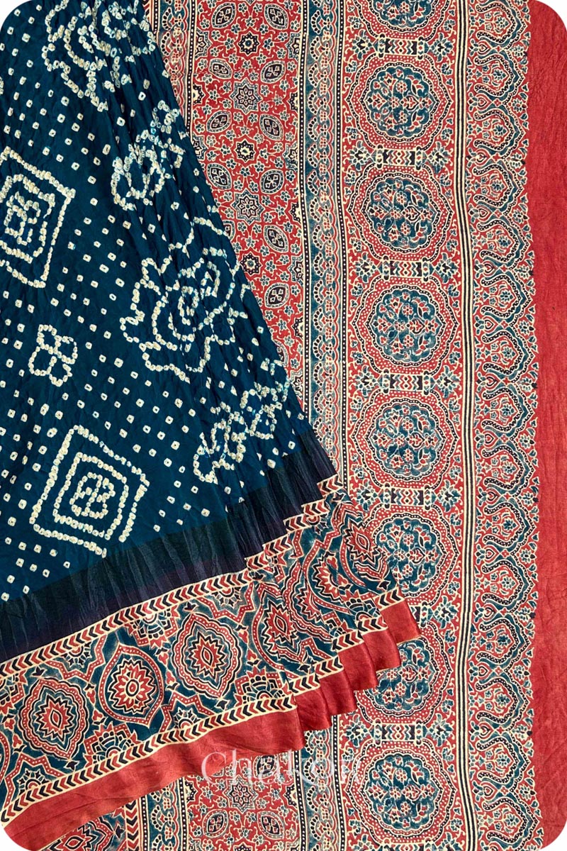 Navy Red Bandhani Ajrakh Silk Saree