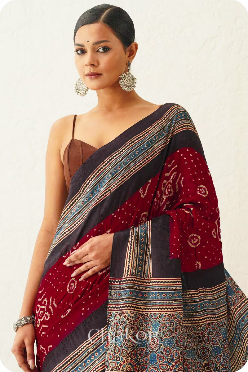 Maroon Black Bandhani Ajrakh Silk Saree