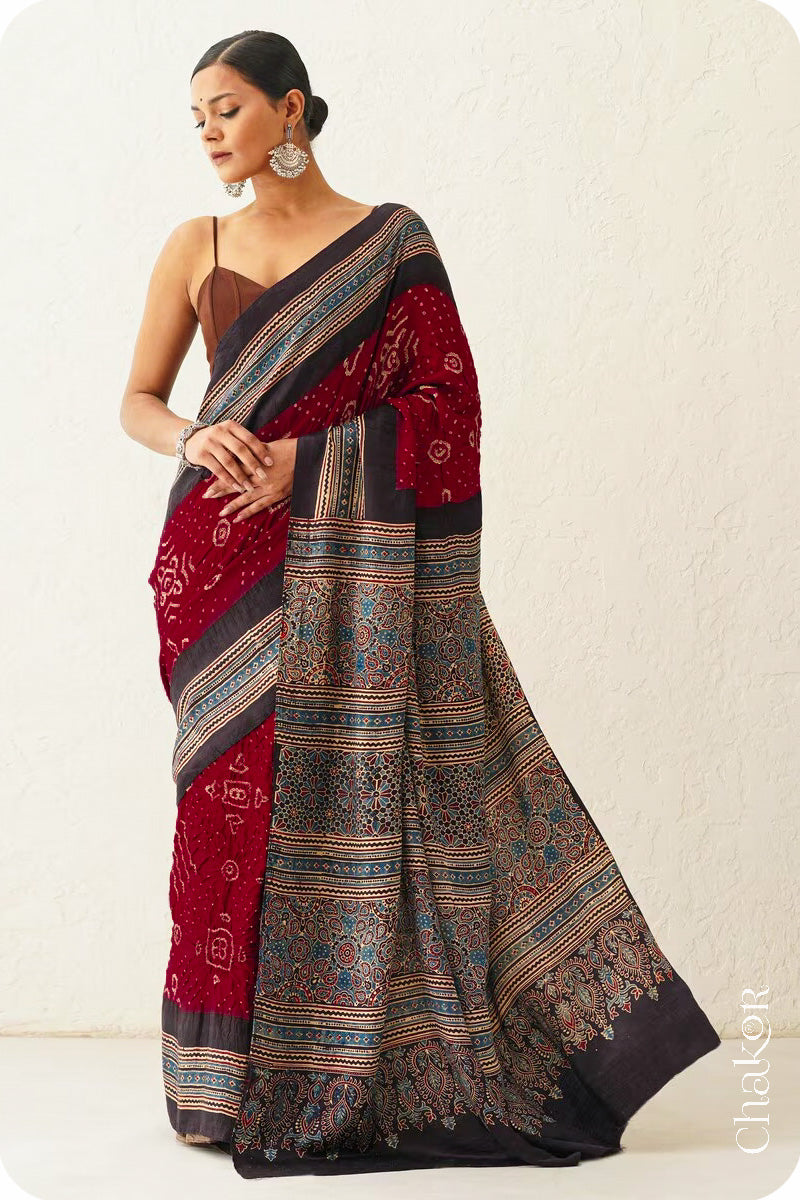 Maroon Black Bandhani Ajrakh Silk Saree