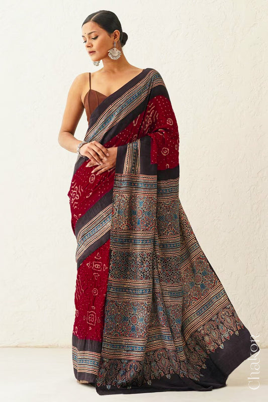 Maroon Black Bandhani Ajrakh Silk Saree