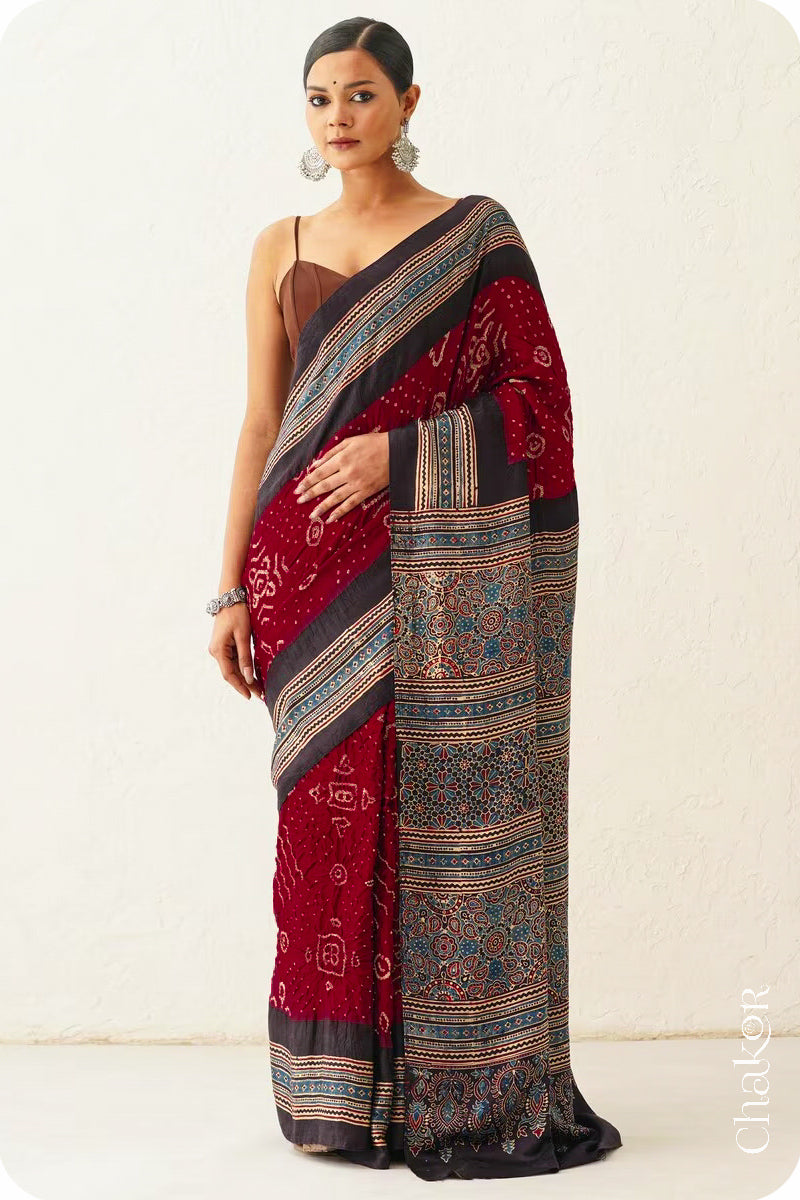 Maroon Black Bandhani Ajrakh Silk Saree