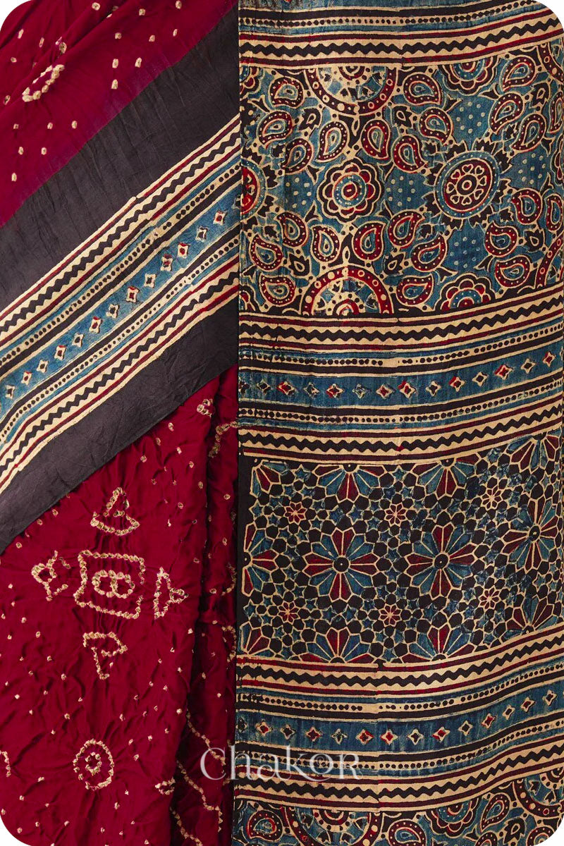 Maroon Black Bandhani Ajrakh Silk Saree