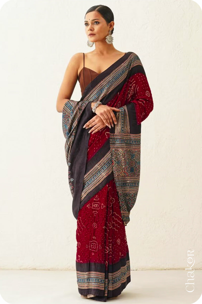 Maroon Black Bandhani Ajrakh Silk Saree