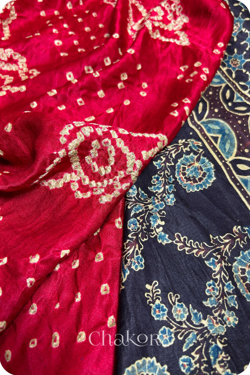 Red Black Bandhani Ajrakh Silk Saree