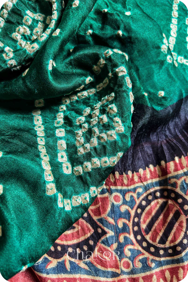 Green Red Bandhani Ajrakh Silk Saree