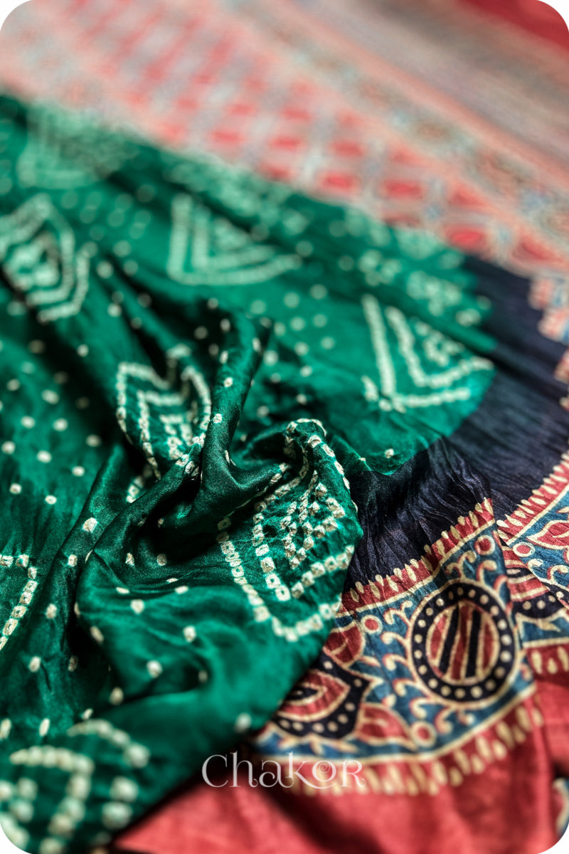 Green Red Bandhani Ajrakh Silk Saree