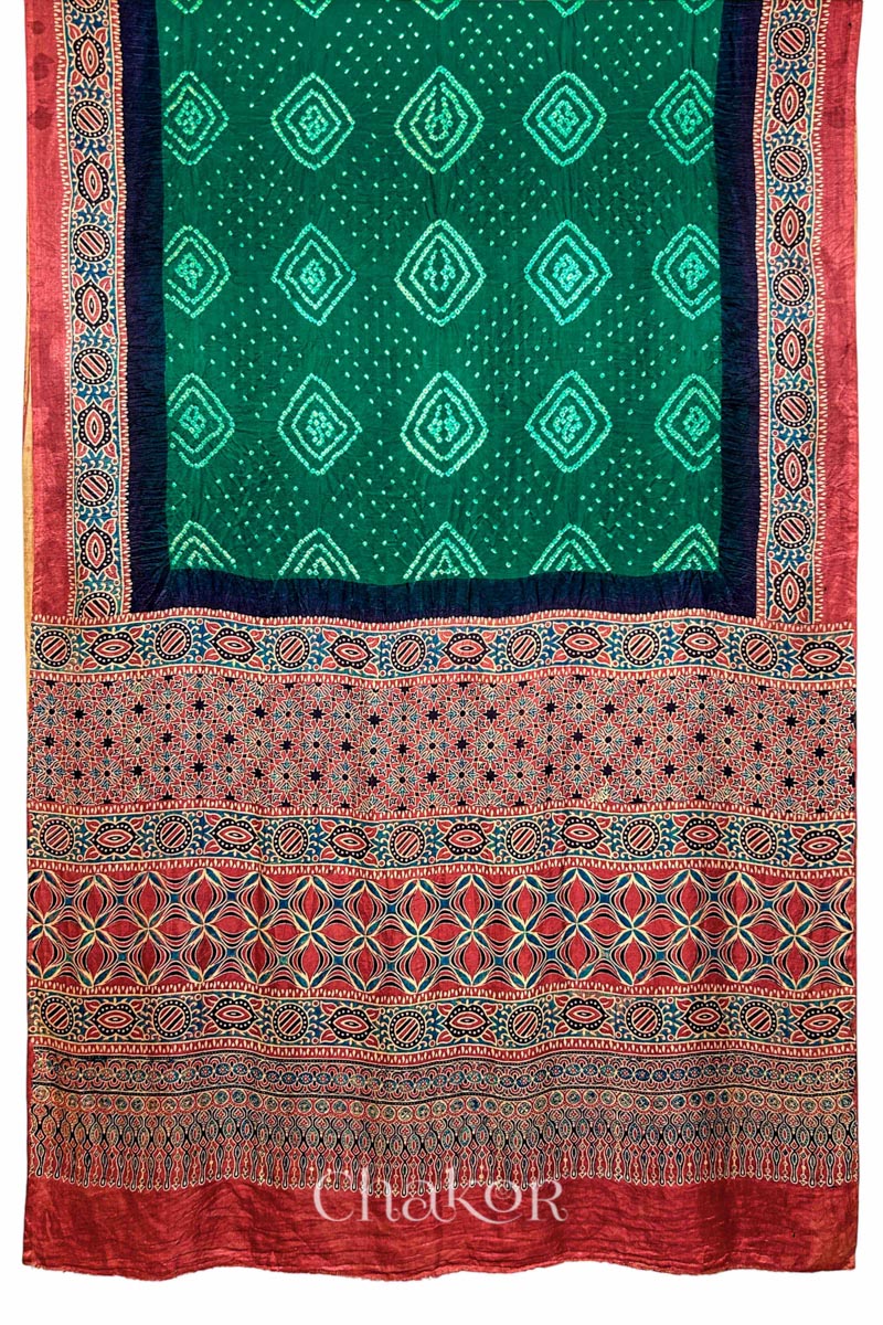 Green Red Bandhani Ajrakh Silk Saree