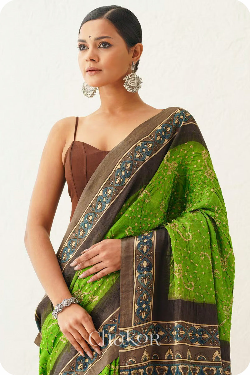 Parrot Green Taupe Bandhani Ajrakh Silk Saree