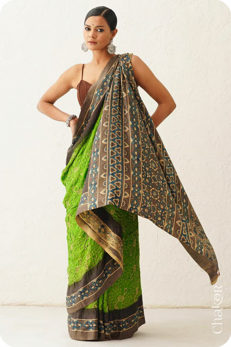 Parrot Green Taupe Bandhani Ajrakh Silk Saree