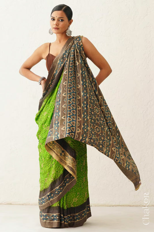 Parrot Green Taupe Bandhani Ajrakh Silk Saree