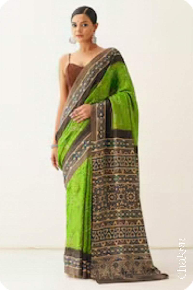 Parrot Green Taupe Bandhani Ajrakh Silk Saree