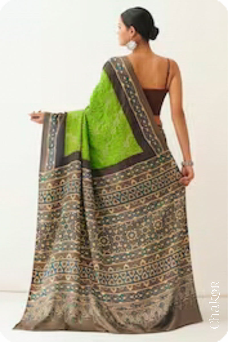 Parrot Green Taupe Bandhani Ajrakh Silk Saree